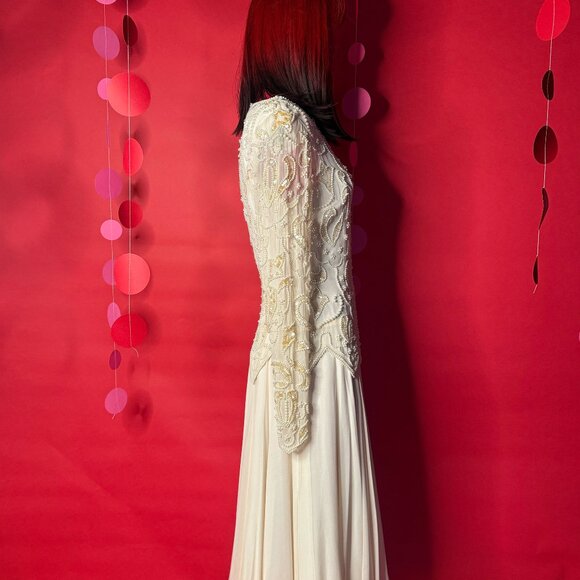 Vintage 1980s Pearl Beaded Cream Dress - Retro Bridal, Cocktail, or Evening Glam - Picture 3 of 12